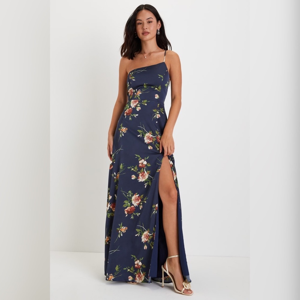 Navy Blue Floral One-Shoulder Maxi Dress
